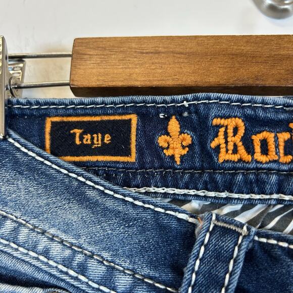 Rock Revival Taye Straight Leg Jeans Medium Wash Distressed Y2K Bling Denim  27 - Picture 9 of 11